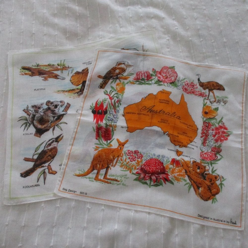 **2/12$**  Set of 2 1970s souvenir handkerchiefs of Australia